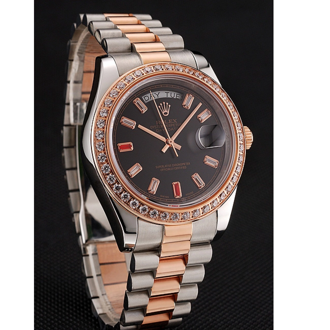 Good copy rolex watches Black Bracelet Swiss And And Diamonds Day-Date Rose Rubies Steel Gold Rolex 1454106 Staineless Dial 0803